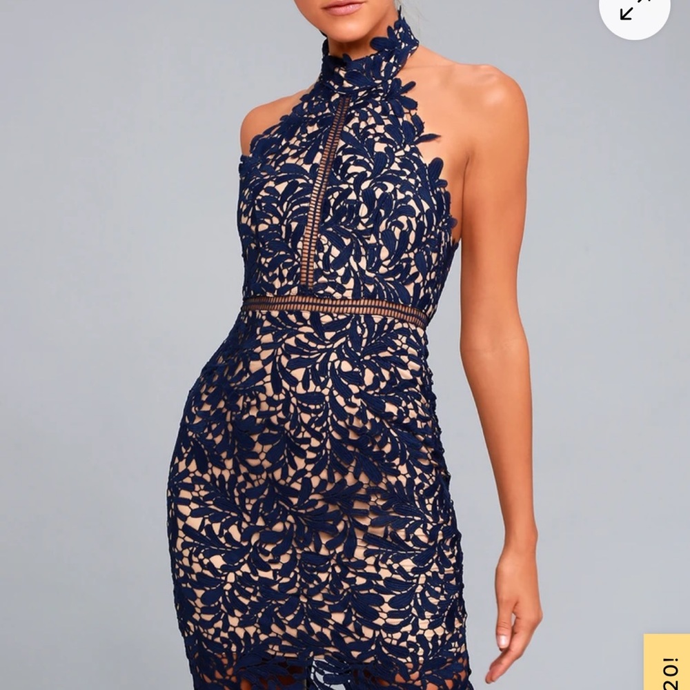 Lulus formal halter neck lace dress with champagne lining